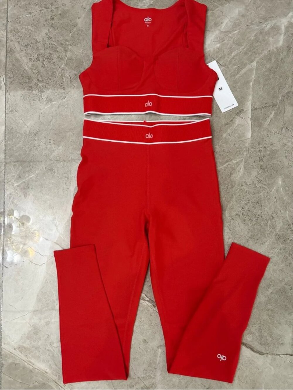ALO Yoga Red High-Waist Leggings and Crop Top with White Trim